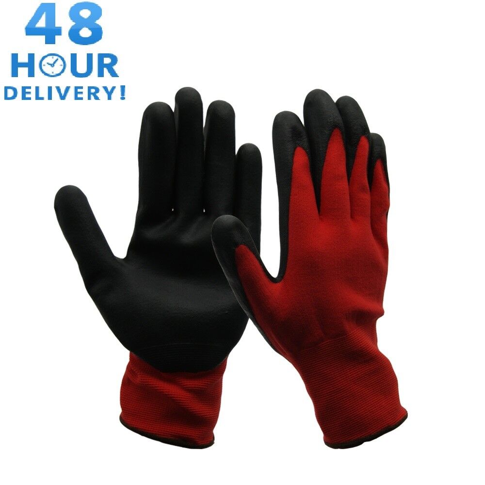 WORK GLOVES RED BLACK NYLON PU COATED BUILDERS MECHANIC CONSTRUCTION GARDENING - Image 3