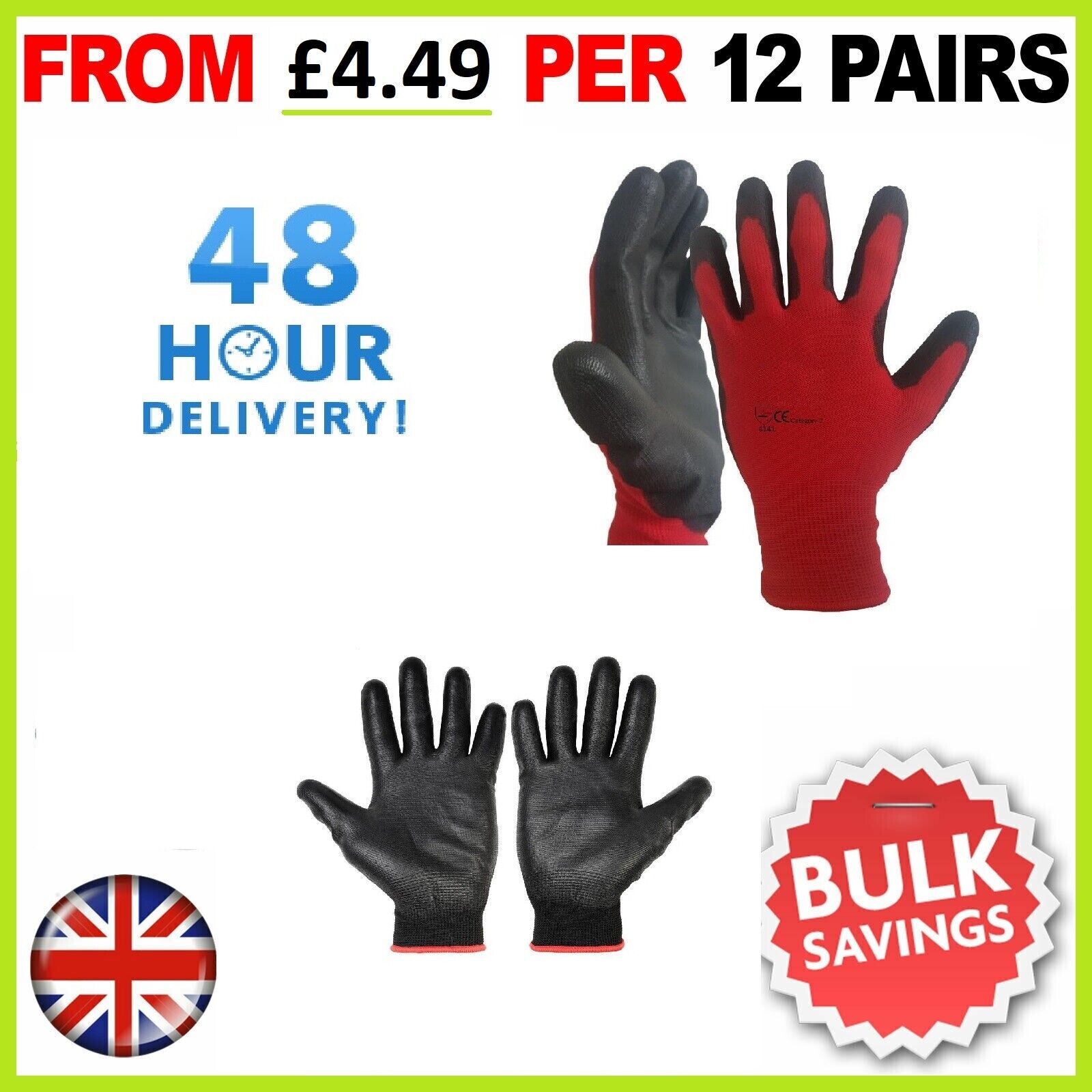 WORK GLOVES RED BLACK NYLON PU COATED BUILDERS MECHANIC CONSTRUCTION GARDENING - Image 2