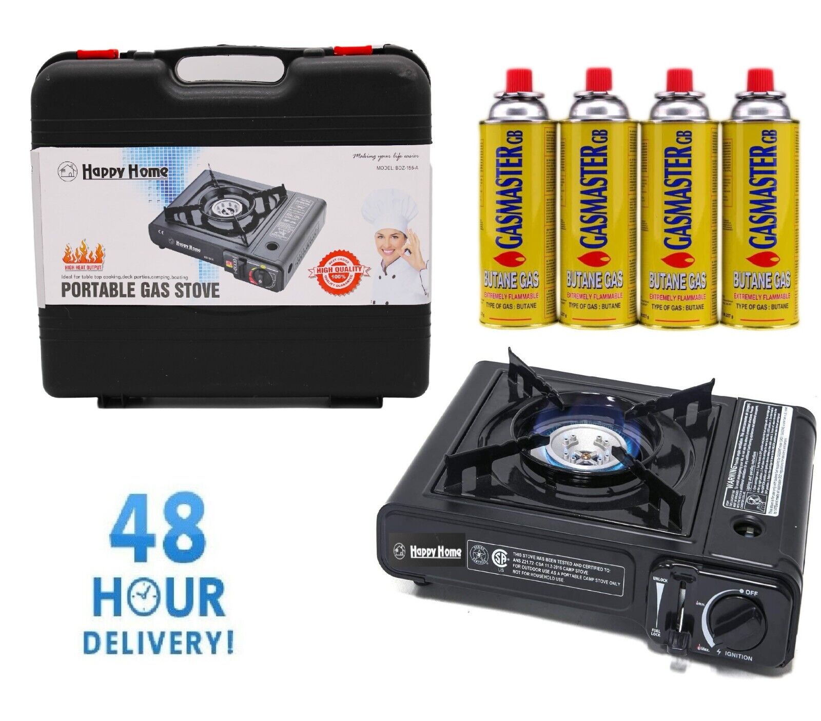Portable Camping Gas Cooker Burner Stove Butane with Carry Case + 4 Butane Cans