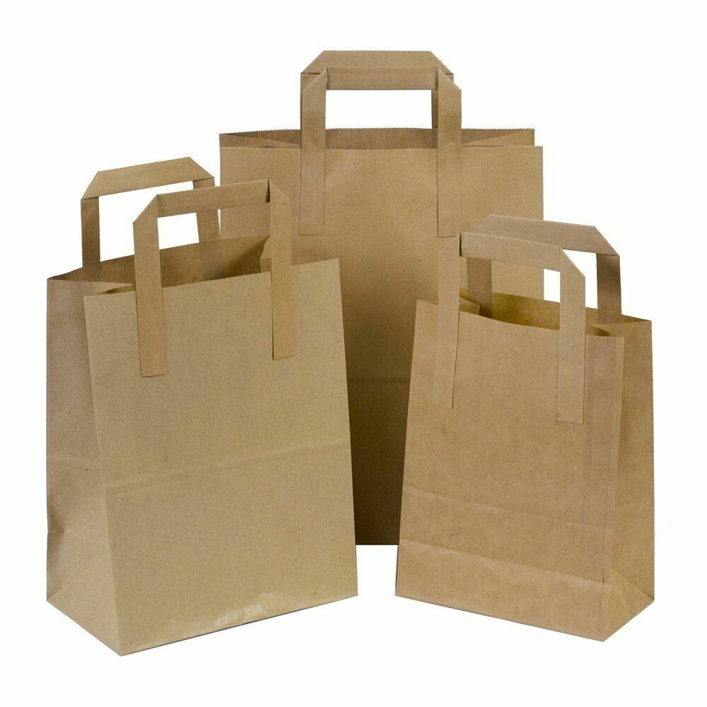 KRAFT PAPER BROWN & WHITE SOS FOOD CARRIER BAGS WITH HANDLES PARTY TAKEAWAY ETC - Image 2