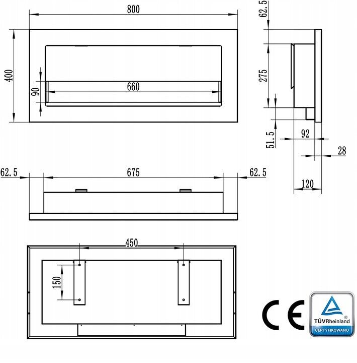 Bioethanol Wall mounted Fireplace White Gloss Bio Ethanol 800mm 80cm glass fuel - Image 12