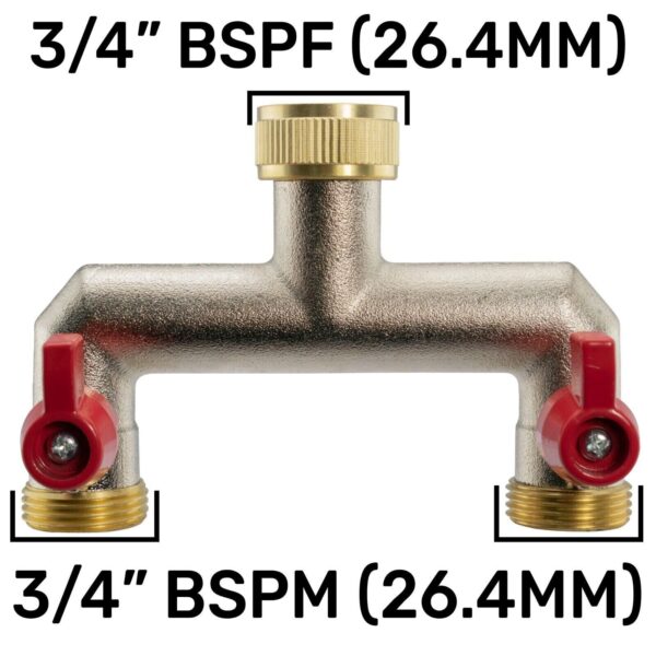 Brass Tap Two Way Splitter Manifold With Valves 3/4" BSP Outlets Garden Watering