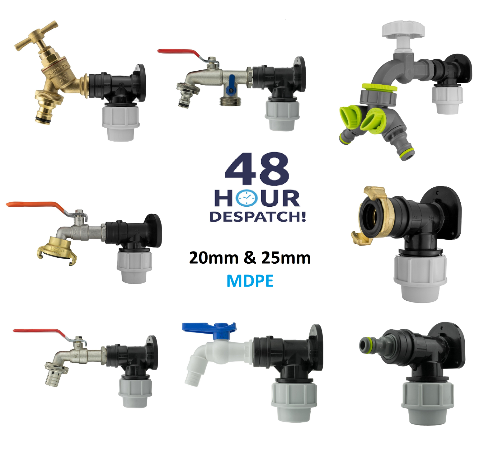 MDPE Compression Wall Flange Plate + Hozelock Compatible Quick Connect Tap