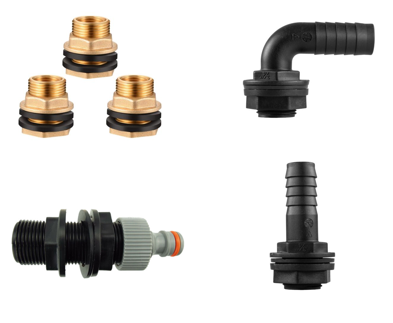 Water Butt Connector Adapter Tank Fitting 1/2" - 2" Barb Straight 90 Pipe Outlet