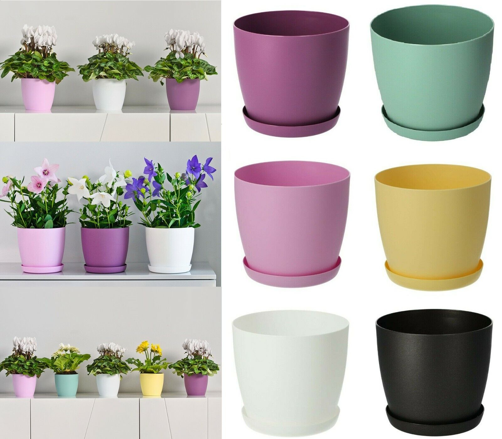 Plant Pots Flower Planter 6 Colours 8 sizes Matt Plastic Pot + Saucer Tray Deco