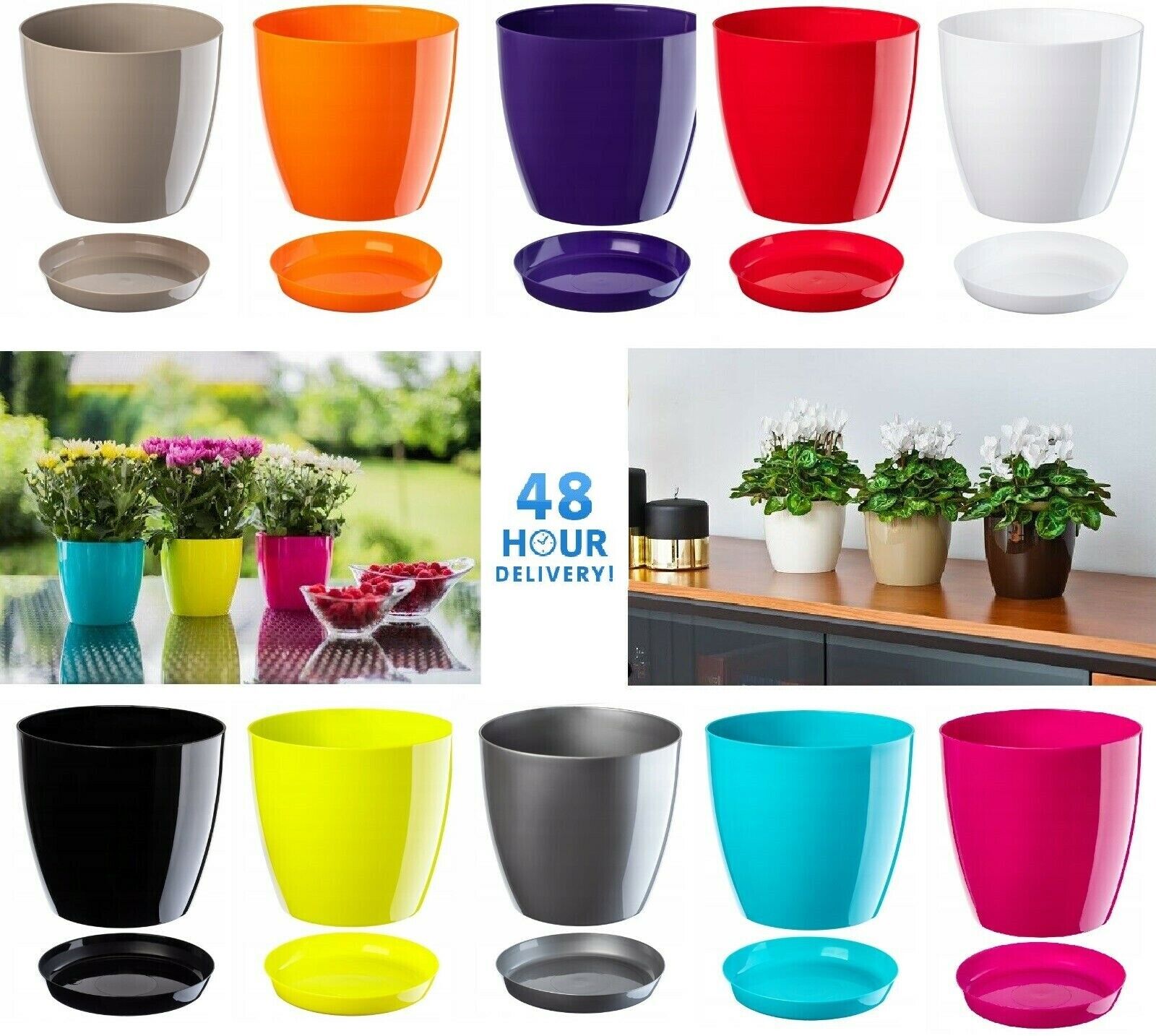 Plant Flower Pot Plastic 20 Colours 9 sizes Gloss Pots Planter Saucer Tray Deco