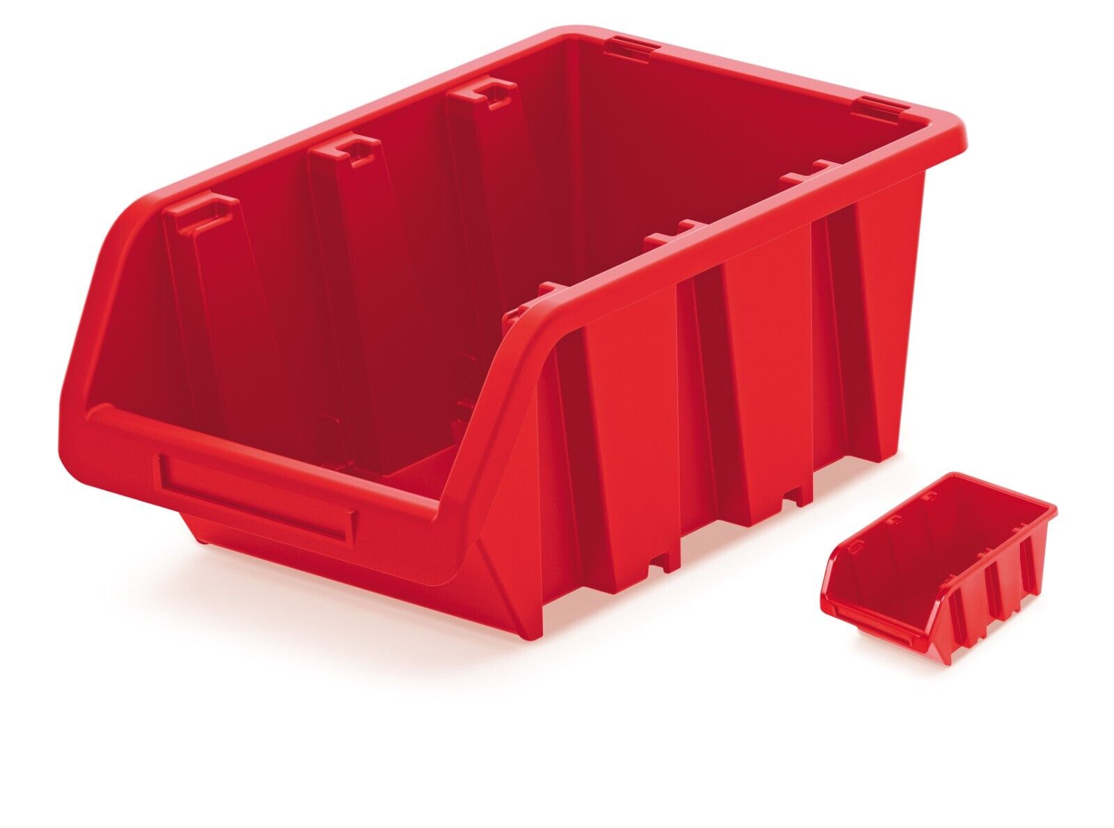 Storage Bins Plastic Order Picking Parts Boxes Lid Scooped RED Stackable Wall