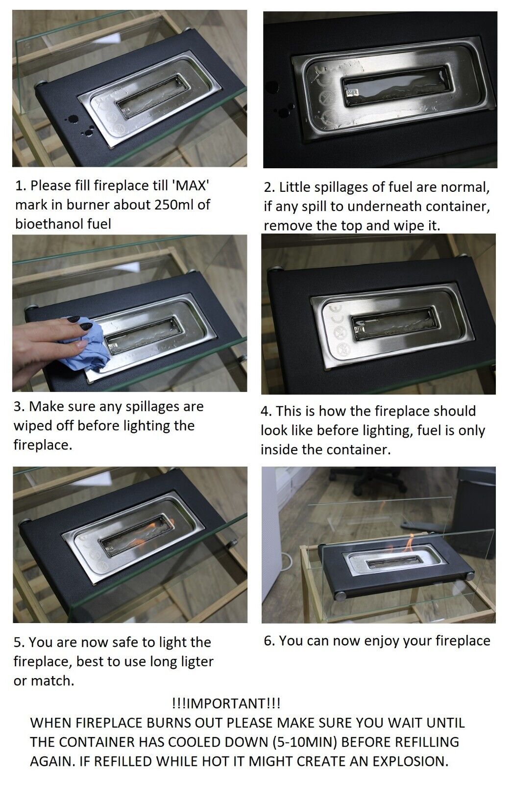 Bio Ethanol Fireplace Bioethanol Free Standing Fire Table Top Burner Glass Sala2 - Image 2