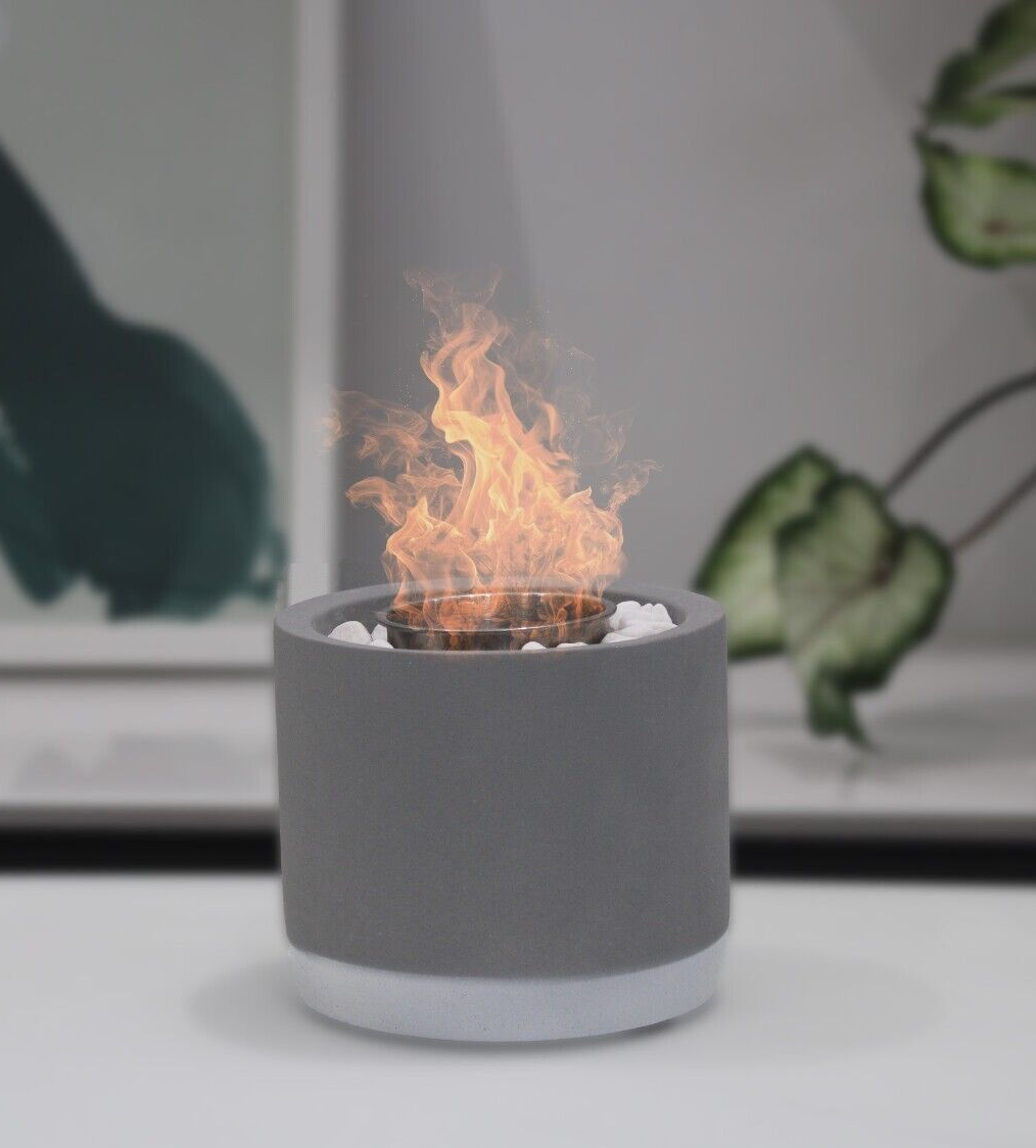 Bio Ethanol Fireplace Indoor Outdoor Table Top Burner Fire Grey Round Concrete