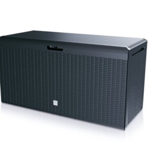 Garden Storage Chest Box Deck Patio Wheels Handles Weatherproof 290L Rattan Grey