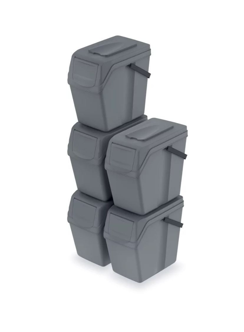 Sorting Waste Bin Recycling Segregation Stackable Lidded Handle Stone Grey 25L - Image 3