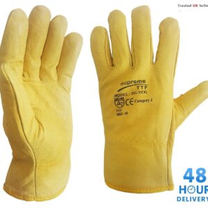 Driver Yellow Work Gloves Fleece Cotton Soft Grain Leather Lorry Drivers Safety