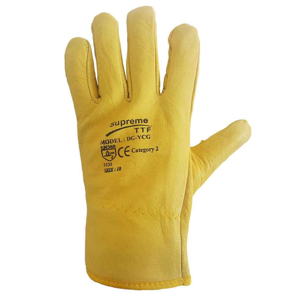 Driver Yellow Work Gloves Fleece Cotton Soft Grain Leather Lorry Drivers Safety - Image 3