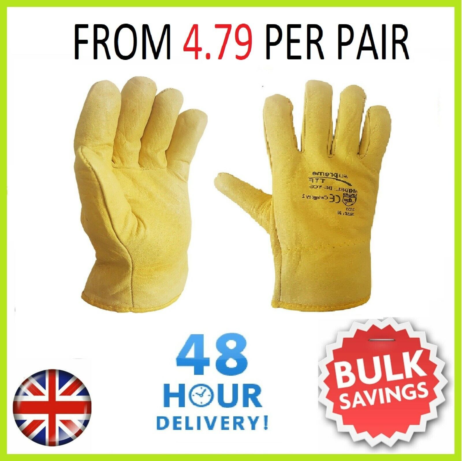Driver Yellow Work Gloves Fleece Cotton Soft Grain Leather Lorry Drivers Safety - Image 7