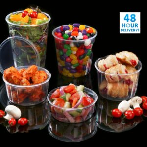 Round Food Containers Plastic Clear Storage Tubs with Lids Deli Pots Sauce Dip