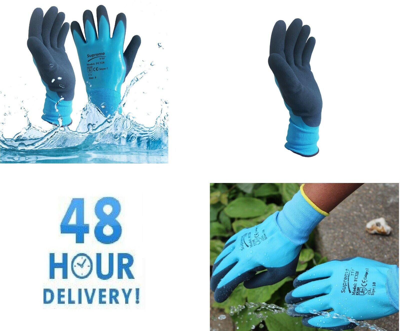 Latex Coated Waterproof Gloves Blue Aqua Nylon Grip Work PPE, Gardening