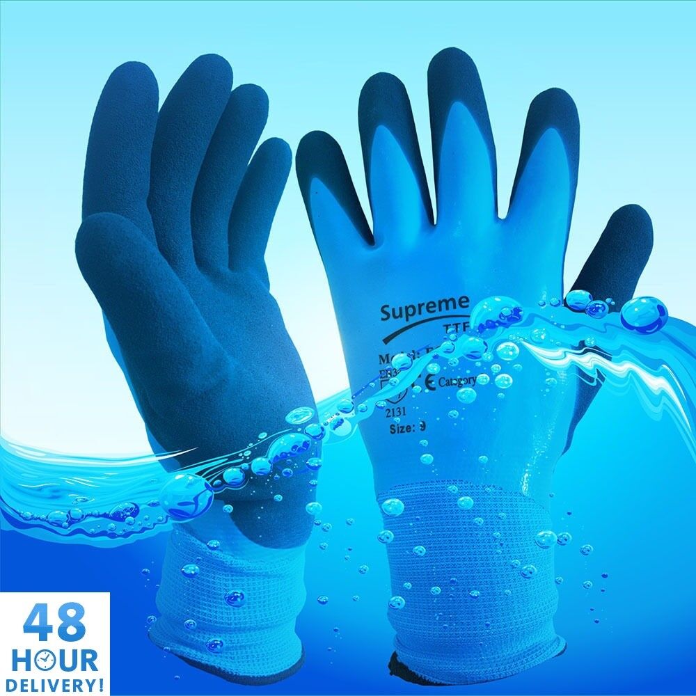 Latex Coated Waterproof Gloves Blue Aqua Nylon Grip Work PPE, Gardening - Image 2