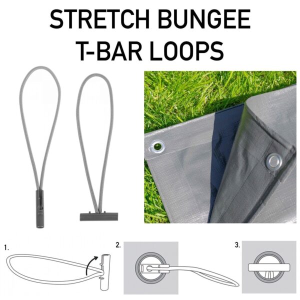 Stretchy Bungee Shock Cord Loop 6" 8" Treasury Tag T-Bar Tie, Camping Tarp Cover