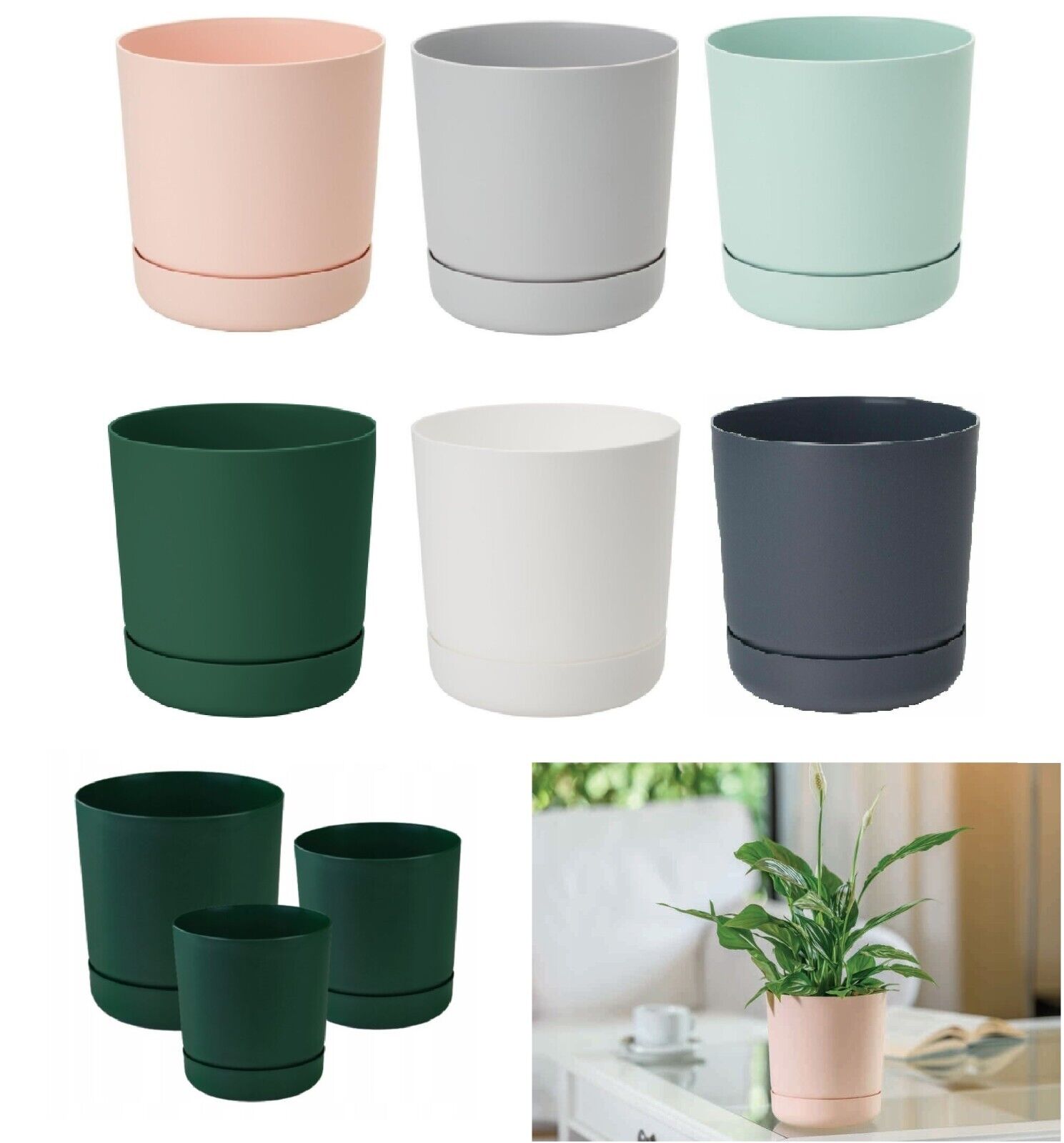 Plant Pot with Saucer Flowerpot Round Plastic Modern Decorative 6 Pastel Colours