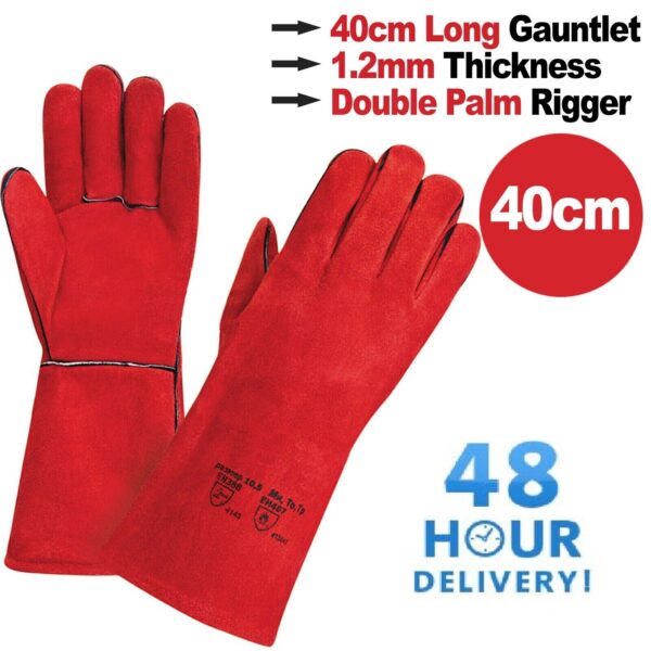 Red Welding Gauntlets Welder Safety Leather Work Gloves | Double Palm Red Rigger