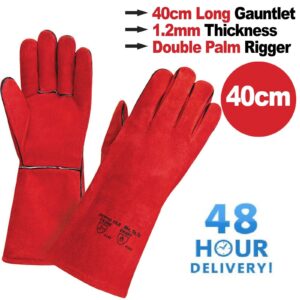 Red Welding Gauntlets Welder Safety Leather Work Gloves | Double Palm Red Rigger