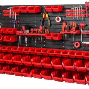 WALL MOUNTED TOOL PEG BOARD 1728mm x 780mm 103 ELEMENTS RED GARAGE STORAGE BINS WORKSHOP RACK SHED ORGANISER