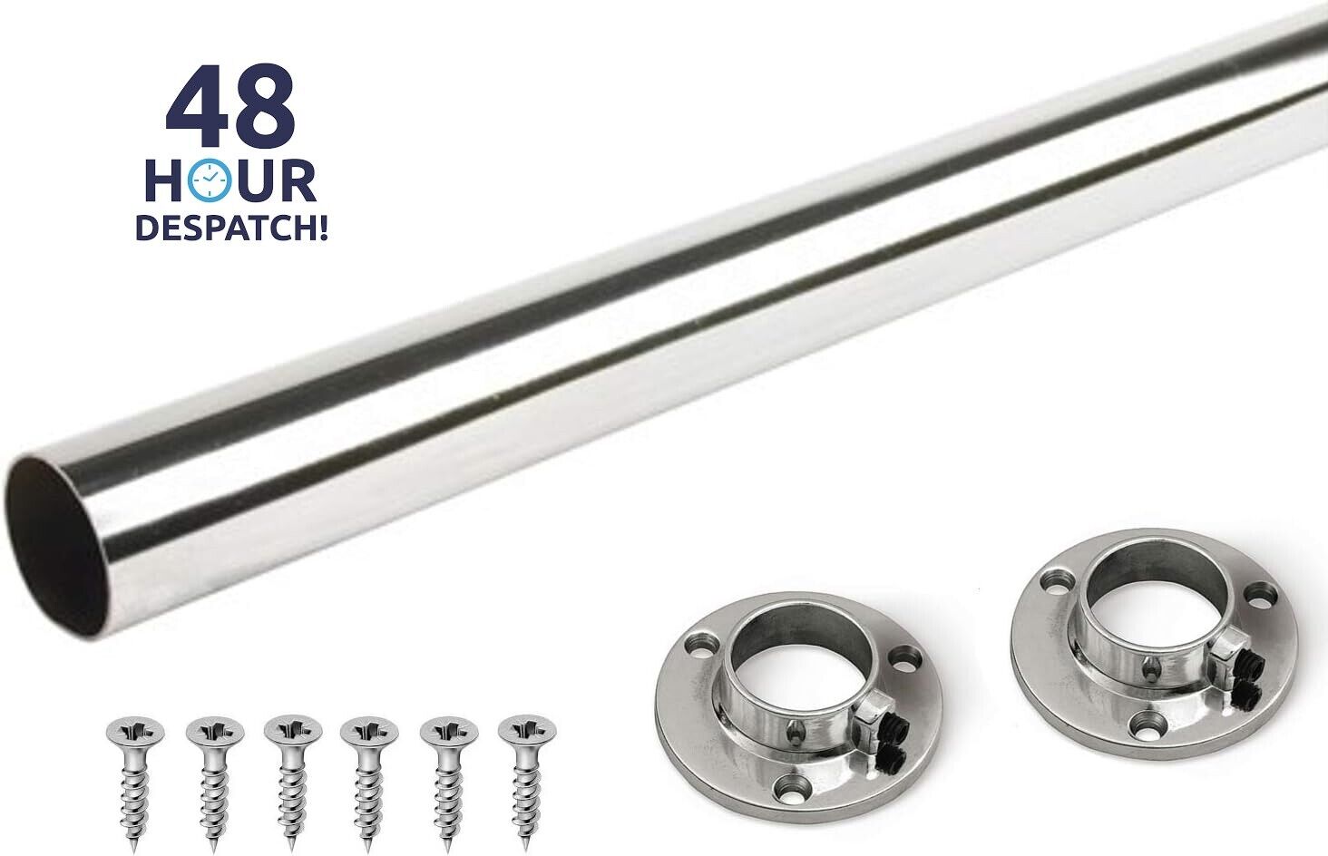 Wardrobe Rail Round Hanging Chrome Tube 25mm + End Supports + Screws 3 Lengths