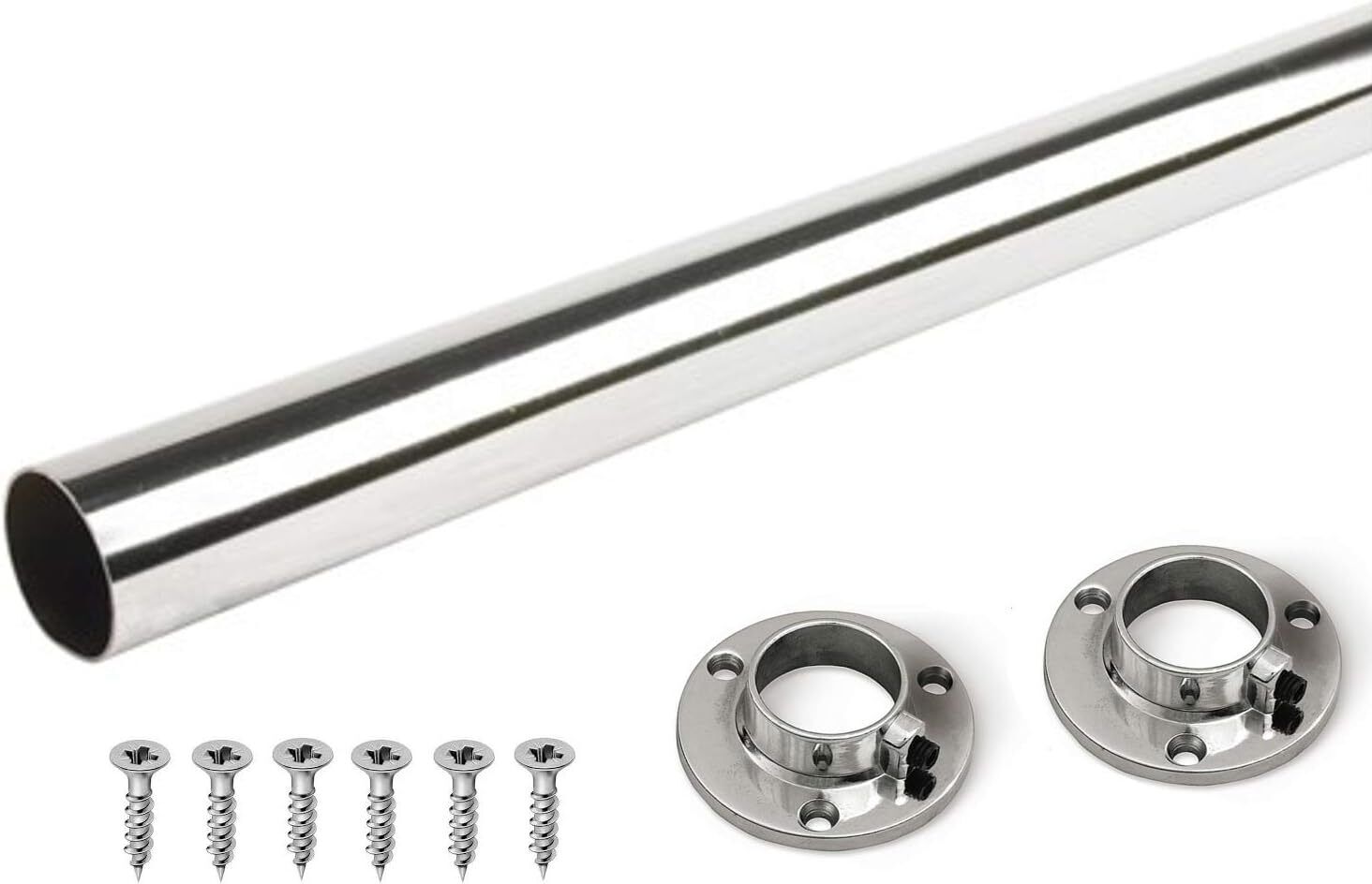 Wardrobe Rail Round Hanging Chrome Tube 25mm + End Supports + Screws 3 Lengths - Image 2