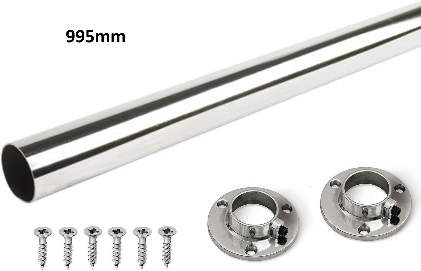 Wardrobe Rail Round Hanging Chrome Tube 25mm + End Supports + Screws 3 Lengths - Image 7