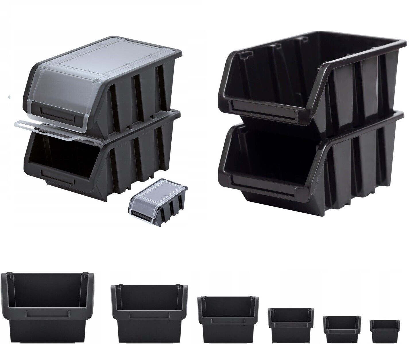 Storage Bins Plastic Order Picking Parts Boxes Lid Scooped Front Stackable Wall