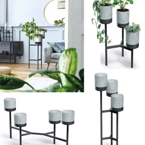 Pot + Stand Set Tiered Metal Multiple Flower Modern Shelf Planter Black Pot