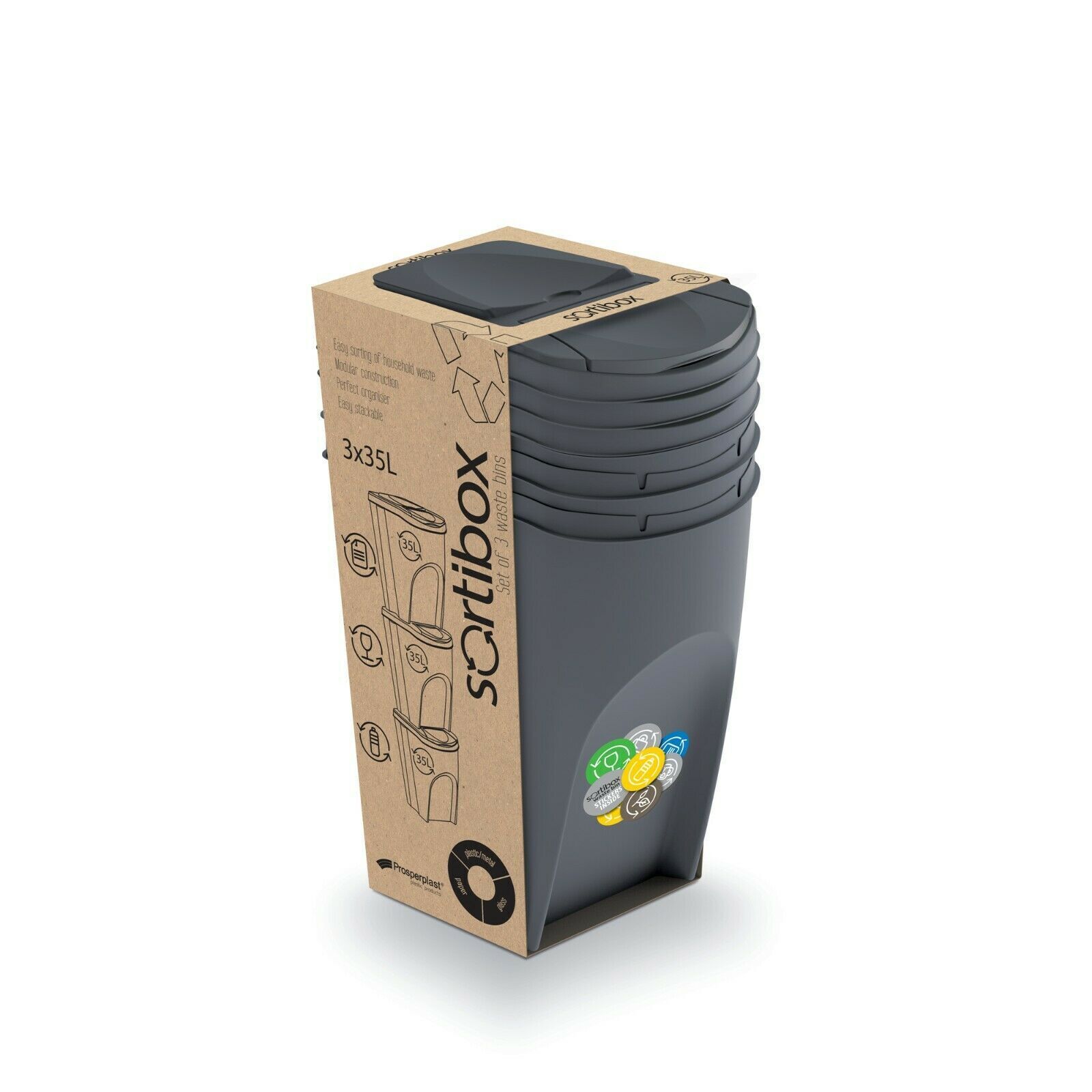 Recycling Segregation Waste Bin Sorting Stackable Lidded Sticker Handle Bin Set - Image 3