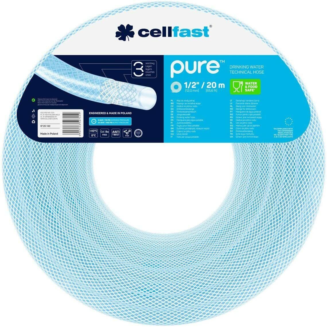 Cellfast PURE™ Drinking Water Hose, 12mm x 2.7mm, 20m, Textile Reinforced, Food